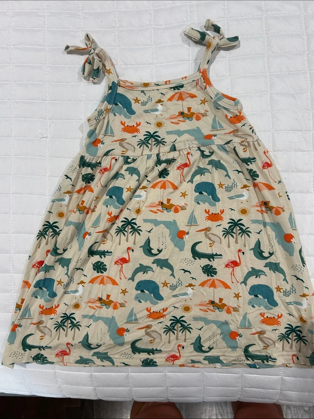 Girls' Cream Beach Print Tie-Strap Sundress